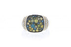 Italian sterling silver ring with 1.45ct a mix of yellow, green and blue diamonds and 14K solid yellow gold accent