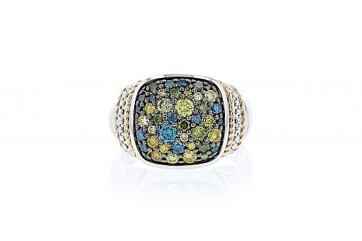 Italian sterling silver ring with 1.45ct a mix of yellow, green and blue diamonds and 14K solid yellow gold accent