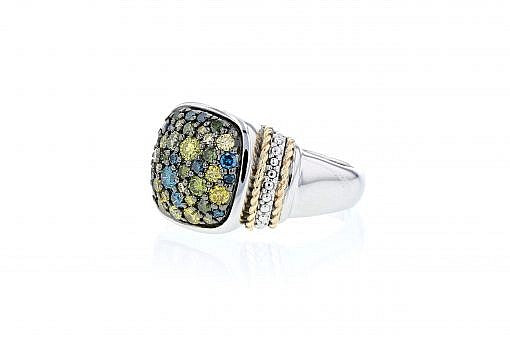Italian sterling silver ring with 1.45ct a mix of yellow, green and blue diamonds and 14K solid yellow gold accent