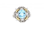 Limited Edition Italian sterling silver ring with a blue topaz center stone, 0.13ct white diamonds and 14K solid yellow gold accents