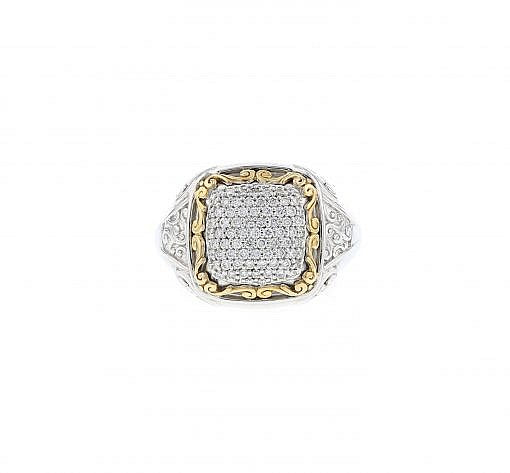 Italian Sterling Silver Cluster Ring with 0.75ct diamonds and 14K solid yellow gold accents
