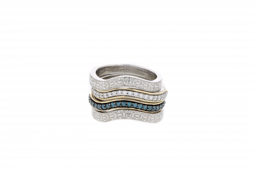 Italian Sterling Silver Four Ring Set with 0.70ct. blue & white diamonds and 14K solid yellow gold accents