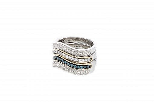 Italian Sterling Silver Four Ring Set with 0.70ct. blue & white diamonds and 14K solid yellow gold accents