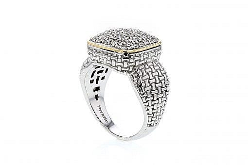 Italian sterling silver ring with 0.86ct diamonds and 14K solid yellow gold accent