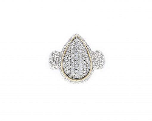 Italian Sterling Silver Pear Shaped Ring with 0.55ct. diamonds and 14K solid yellow gold accents
