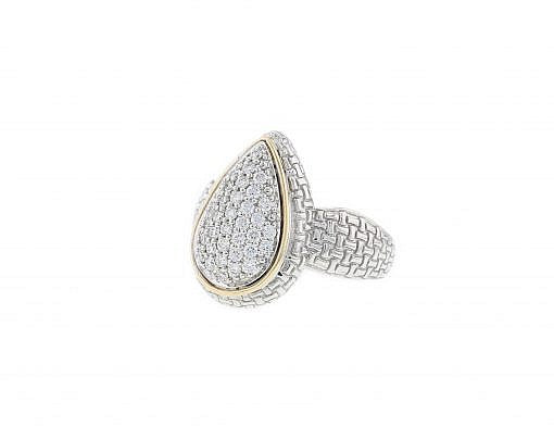 Italian Sterling Silver Pear Shaped Ring with 0.55ct. diamonds and 14K solid yellow gold accents
