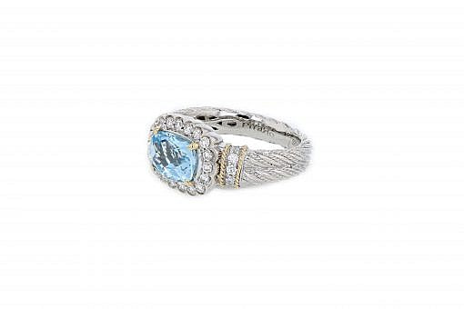 Italian sterling silver ring with blue topaz center stone, 0.42ct diamonds and solid 14K yellow gold accents