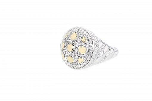 Italian sterling silver ring with 0.58ct diamonds and solid 14K yellow gold accents