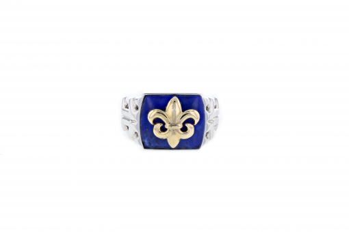 Italian sterling silver mens ring with a 14K solid yellow gold fleur-de-lis on lapis lazuli