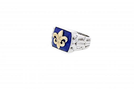 Italian sterling silver mens ring with a 14K solid yellow gold fleur-de-lis on lapis lazuli