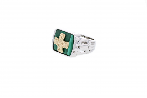 Italian sterling silver mens ring with a 14K solid yellow gold cross on green malachite