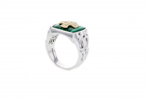 Italian sterling silver mens ring with a 14K solid yellow gold cross on green malachite