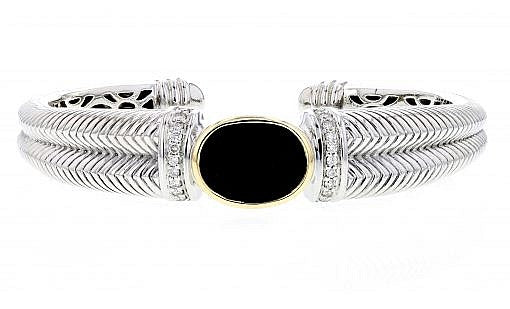 Italian Sterling Silver Bangle Bracelet with black onyx center stone, 0.33ct diamonds and 14K solid yellow gold accents