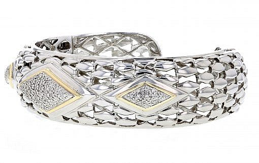 Italian Sterling Silver Bangle Bracelet with 0.50ct.diamonds and 14K solid yellow gold accents