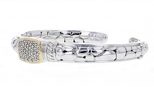 Italian Sterling Silver Bangle Bracelet with 0.40ct diamonds and 14K solid yellow gold accents