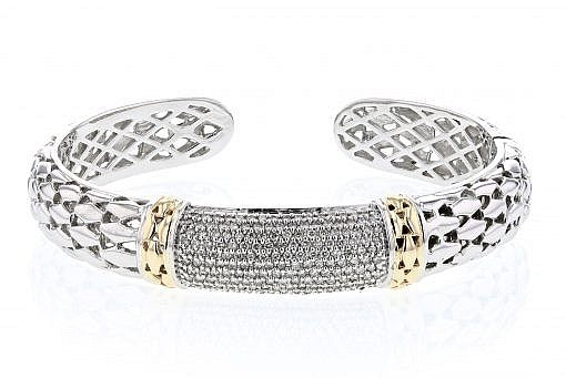 Italian Sterling Silver Bangle Bracelet with 1.23ct diamonds and 14K solid yellow gold accents