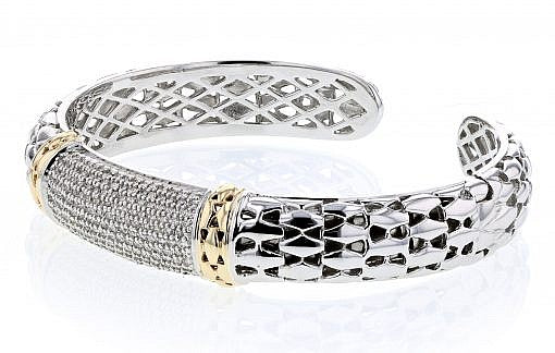 Italian Sterling Silver Bangle Bracelet with 1.23ct diamonds and 14K solid yellow gold accents
