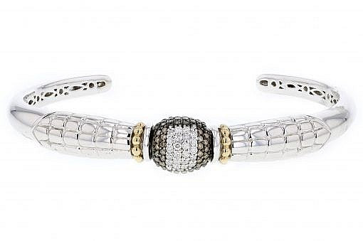 Italian sterling silver bangle bracelet with 0.49ct. brown & white diamonds and solid 14K yellow gold accents