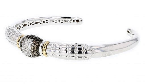 Italian sterling silver bangle bracelet with 0.49ct. brown & white diamonds and solid 14K yellow gold accents