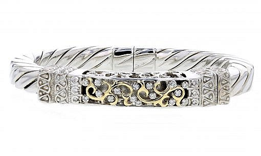 Italian sterling silver bangle bracelet with 0.50ct diamonds and solid 14K yellow gold accents