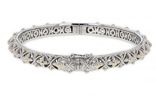 Italian sterling silver bangle bracelet with solid 14K yellow gold accents