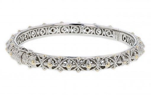 Italian sterling silver bangle bracelet with solid 14K yellow gold accents
