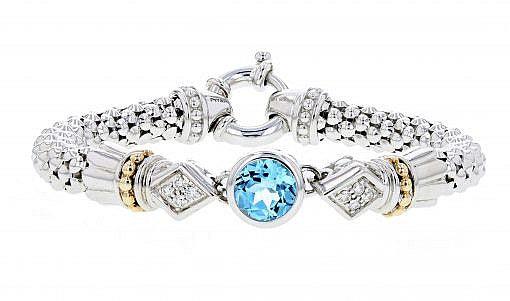 Italian Sterling Silver Bracelet with 0.31ct diamonds, blue topaz and 14K solid yellow gold accents