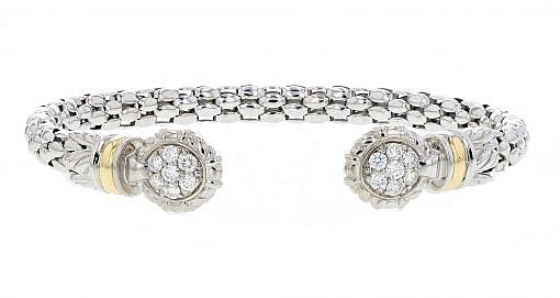 Italian Sterling Silver Bangle Bracelet with 0.50ct diamonds and 14K solid yellow gold accents