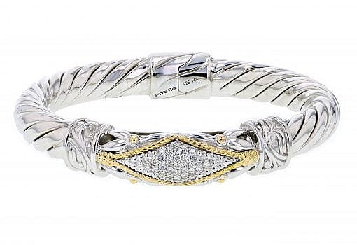 Italian sterling silver bangle bracelet with 0.50ct. diamonds and solid 14K yellow gold accent
