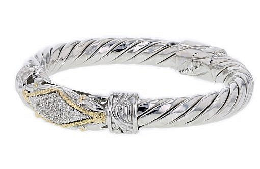 Italian sterling silver bangle bracelet with 0.50ct. diamonds and solid 14K yellow gold accent