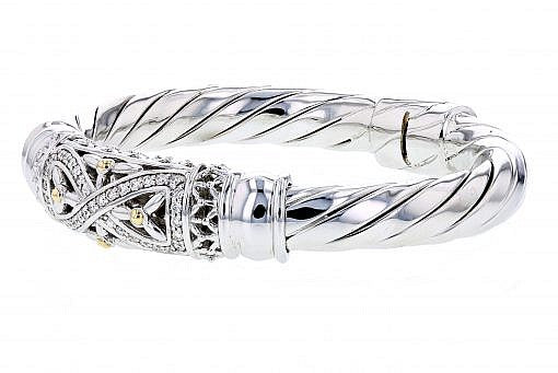 Italian sterling silver bangle bracelet with 0.50ct diamonds and solid 14K yellow gold accents