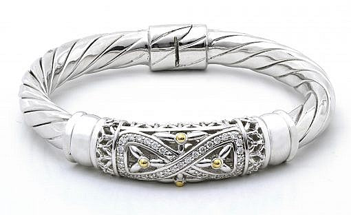 Italian sterling silver bangle bracelet with 0.50ct diamonds and solid 14K yellow gold accents