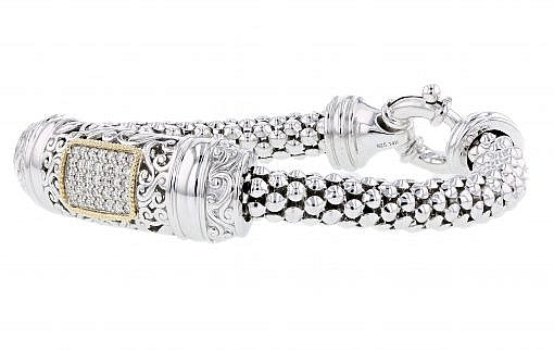 Italian sterling silver flex bracelet with 0.50ct. diamonds and solid 14K yellow gold accent