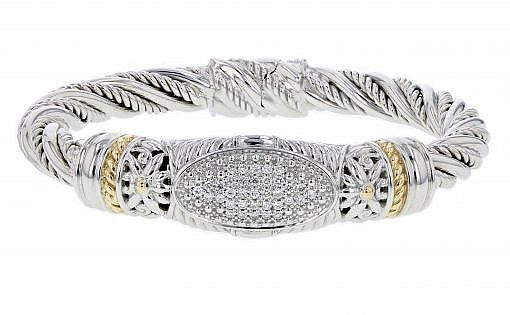 Italian sterling silver bangle  bracelet with 0.50ct. diamonds and solid 14K yellow gold accent
