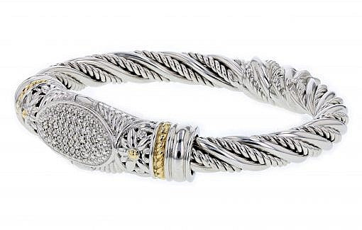 Italian sterling silver bangle  bracelet with 0.50ct. diamonds and solid 14K yellow gold accent