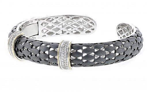 Italian sterling silver bangle bracelet with 0.32ct. diamonds, 14K solid yellow gold accents and a black matte finish