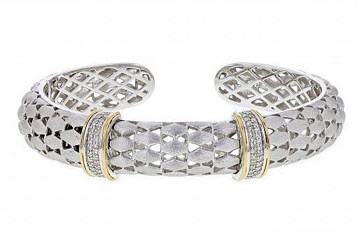 Italian sterling silver bangle bracelet with 0.33ct. diamonds, 14K solid yellow gold accents and a matte finish