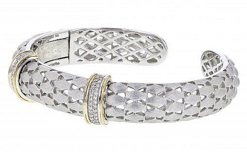 Italian sterling silver bangle bracelet with 0.33ct. diamonds, 14K solid yellow gold accents and a matte finish