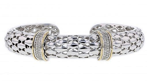 Italian sterling silver bangle bracelet with 0.33ct. diamonds, 14K solid yellow gold accents and a shiny finish