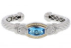 Italian Sterling Silver Bangle Bracelet set with 0.10ct diamonds, blue topaz and 14K solid yellow gold accents