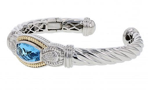 Italian Sterling Silver Bangle Bracelet set with 0.10ct diamonds, blue topaz and 14K solid yellow gold accents