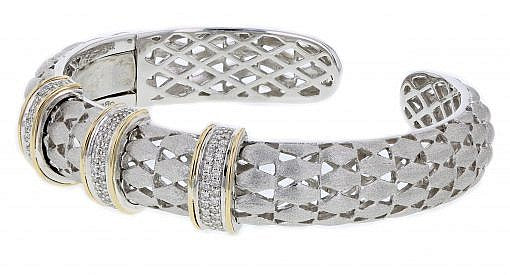 Italian Sterling Silver Bangle Bracelet with 0.50ct. diamonds, 14K solid yellow gold accents and a shiny polished finish