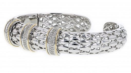 Italian Sterling Silver Bangle Bracelet with 0.50ct. diamonds, 14K solid yellow gold accent and a matte finish
