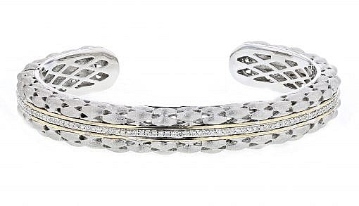 Italian Sterling Silver Matte Bracelet with 0.35ct diamonds and 14K solid yellow gold accents