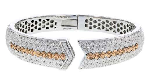 Italian Sterling Silver Bangle Bracelet with .19ct. diamonds and 14K solid rose gold accents