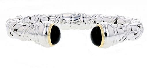 Italian Sterling Silver Bangle Bracelet with black onyx and 14K solid yellow gold accents