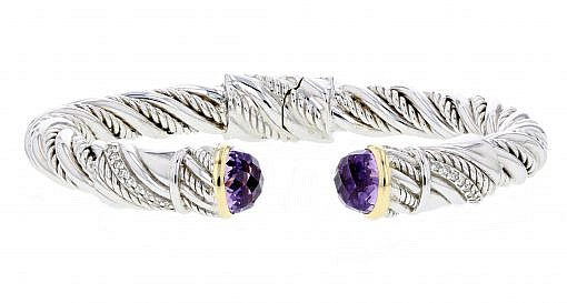 Limited Edition Italian sterling silver bangle bracelet with amethysts, 0.14ct. diamonds and solid 14K yellow gold accents