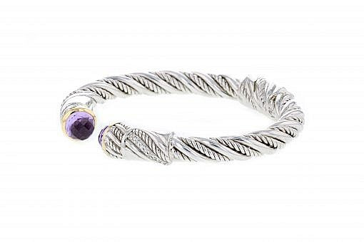 Limited Edition Italian sterling silver bangle bracelet with amethysts, 0.14ct. diamonds and solid 14K yellow gold accents