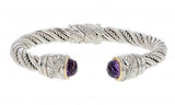 Limited Edition Italian sterling silver bangle bracelet with amethysts, 0.17ct. white diamonds and solid 14K yellow gold accents