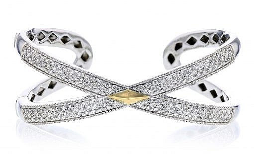 Italian sterling silver bangle bracelet with 2.57ct diamonds and solid 14K yellow gold accents